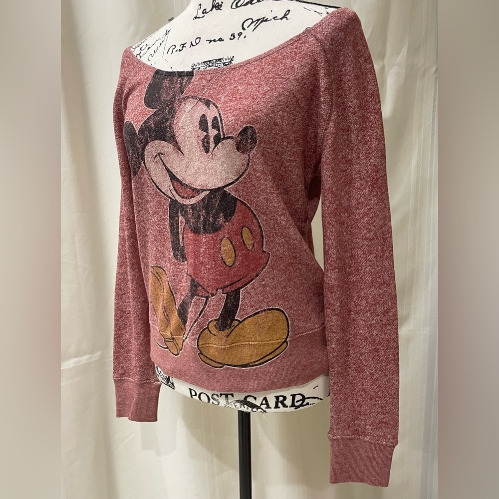 Disney Parks Sweatshirt off shoulder‎ Distressed Rusty Red Mickey Mouse Sz S